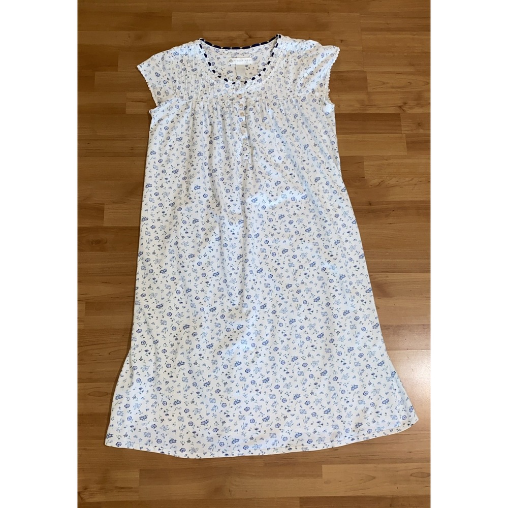 Eileen West Nightgown Size M Blue Floral Short Sleeve Lace Trim Button Front - Picture 6 of 11